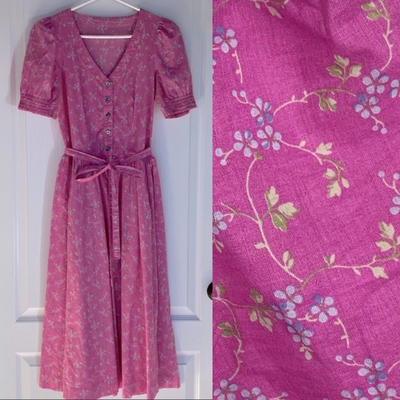 Vintage Dresses & Skirts - Vintage Laura Ashley 70s Cotton Ditsy Floral Pink Button Front Midi Dress